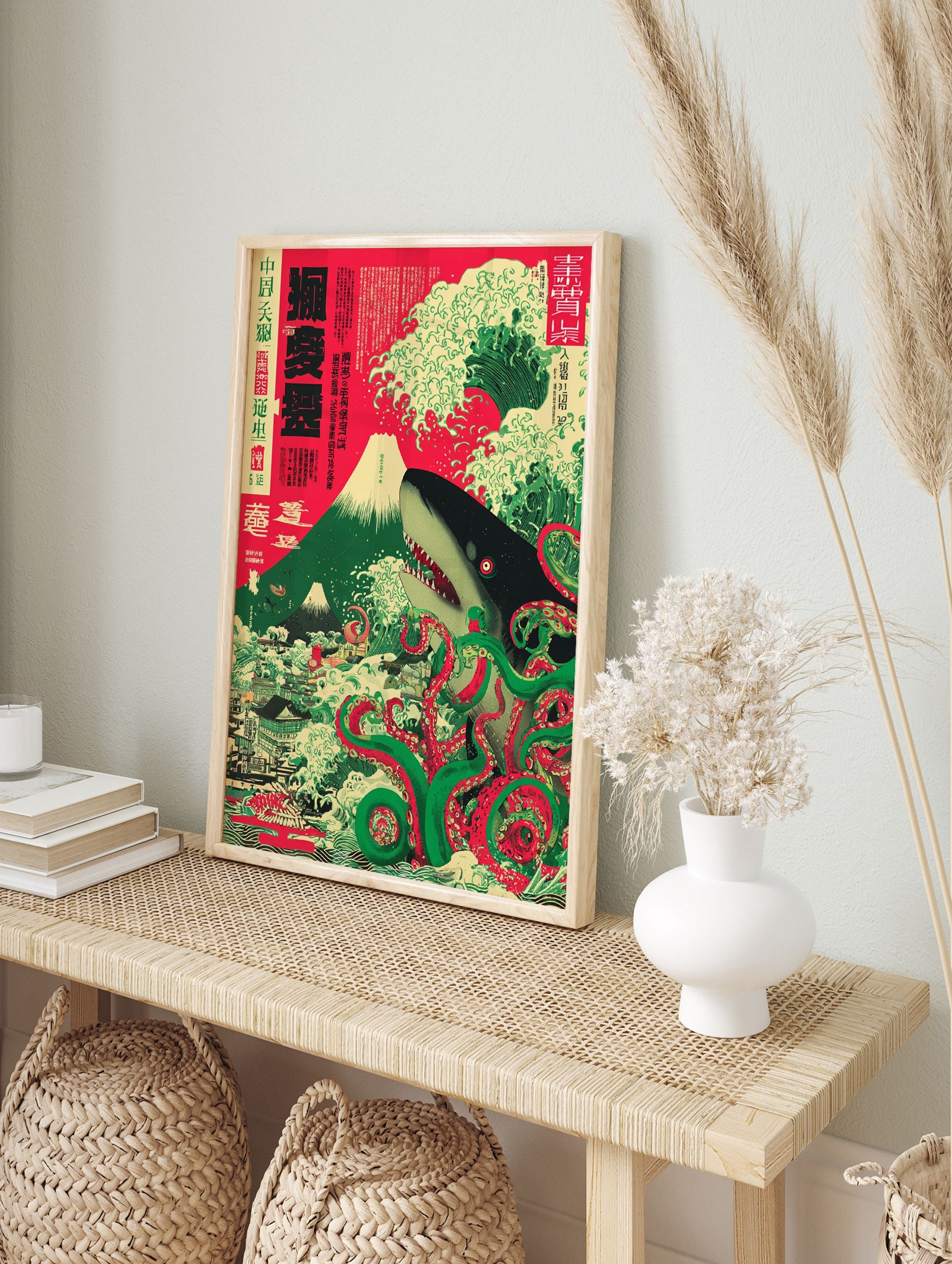 Japanese Ukiyo-e style poster showing a shark and octopus in giant waves with Mount Fuji and a traditional cityscape in the background. - Image 4