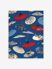 Pattern of traditional Japanese umbrellas in red, white, and light blue on a vibrant deep blue background.