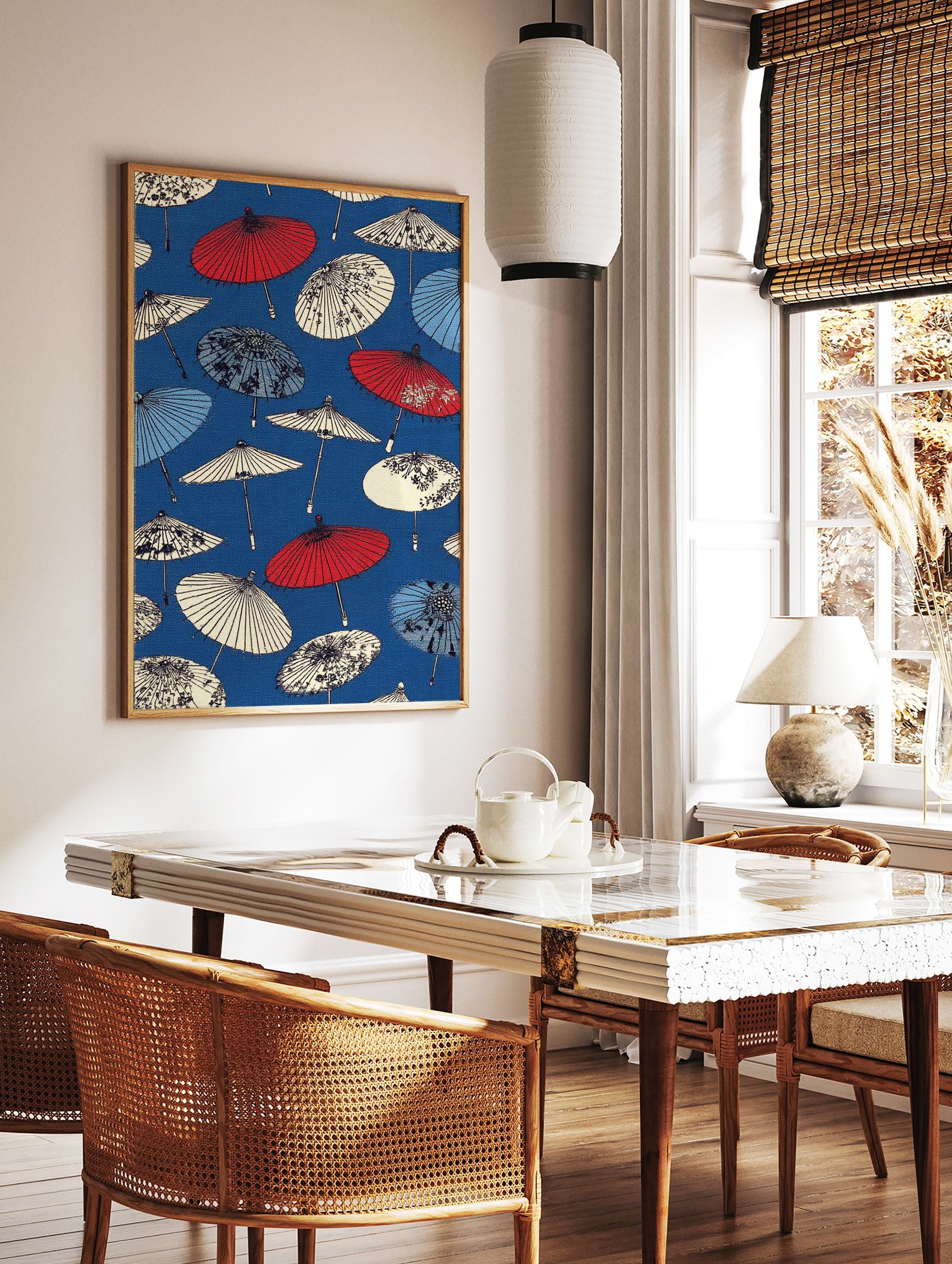 Pattern of traditional Japanese umbrellas in red, white, and light blue on a vibrant deep blue background. - Image 3