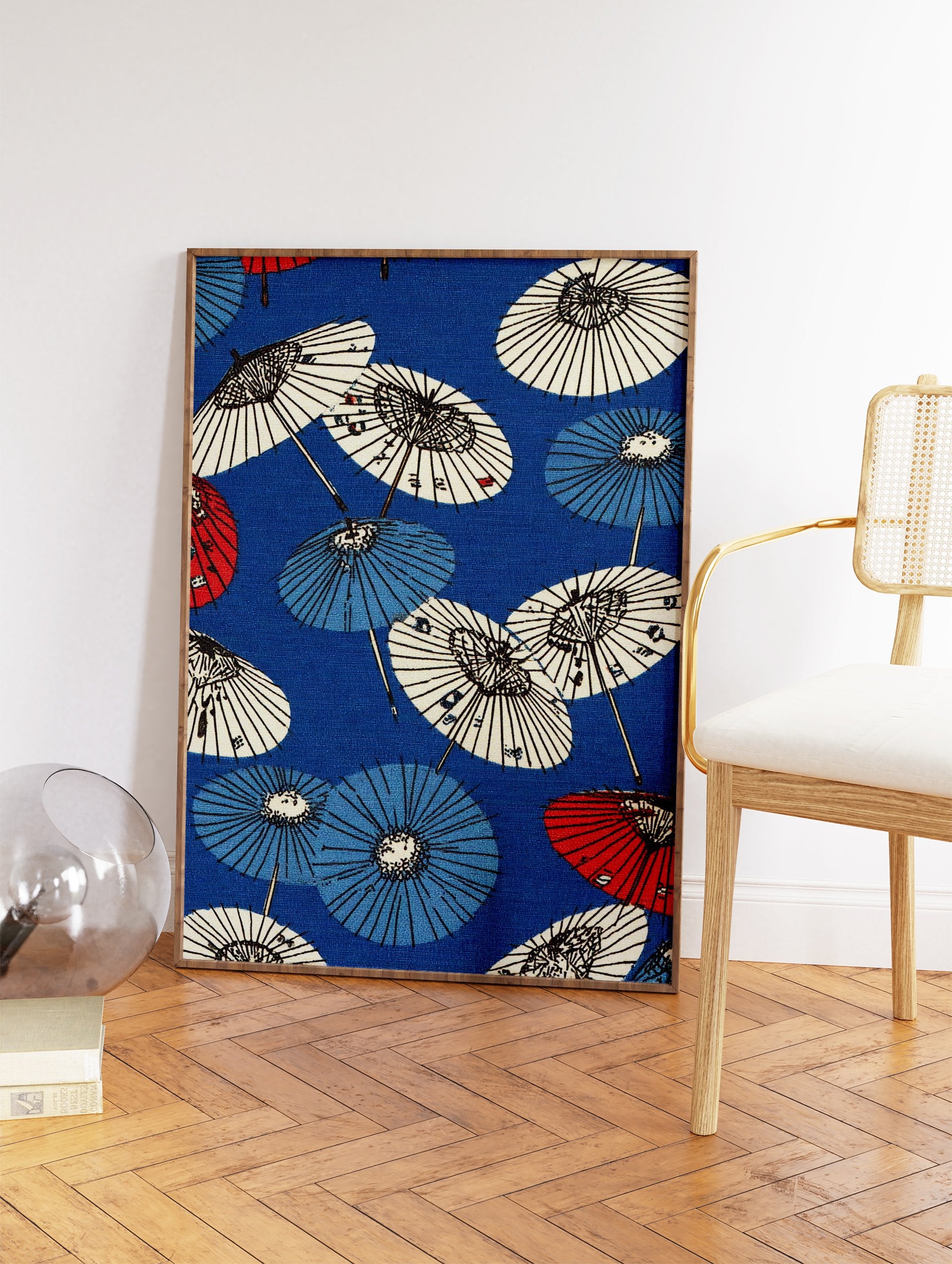 Pattern of traditional Japanese umbrellas in blue, red, and white on a blue background, cultural art print. - Image 2