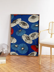 Pattern of traditional Japanese umbrellas in blue, red, and white on a blue background, cultural art print. - Image 2