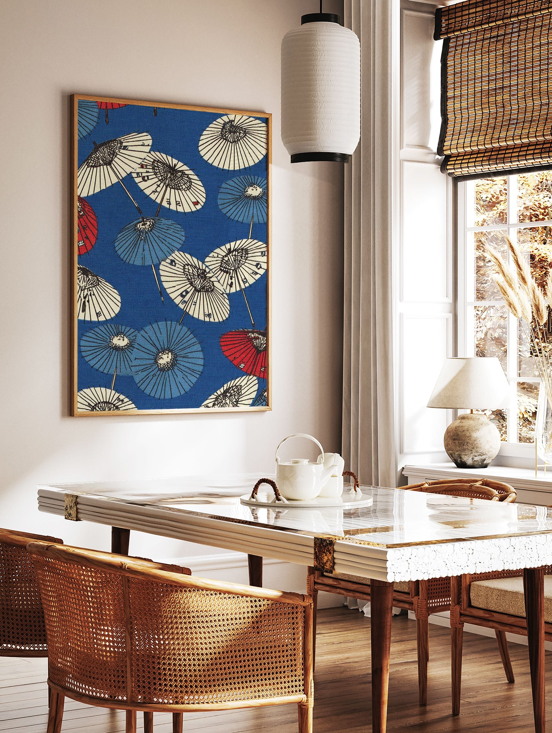 Pattern of traditional Japanese umbrellas in blue, red, and white on a blue background, cultural art print. - Image 3