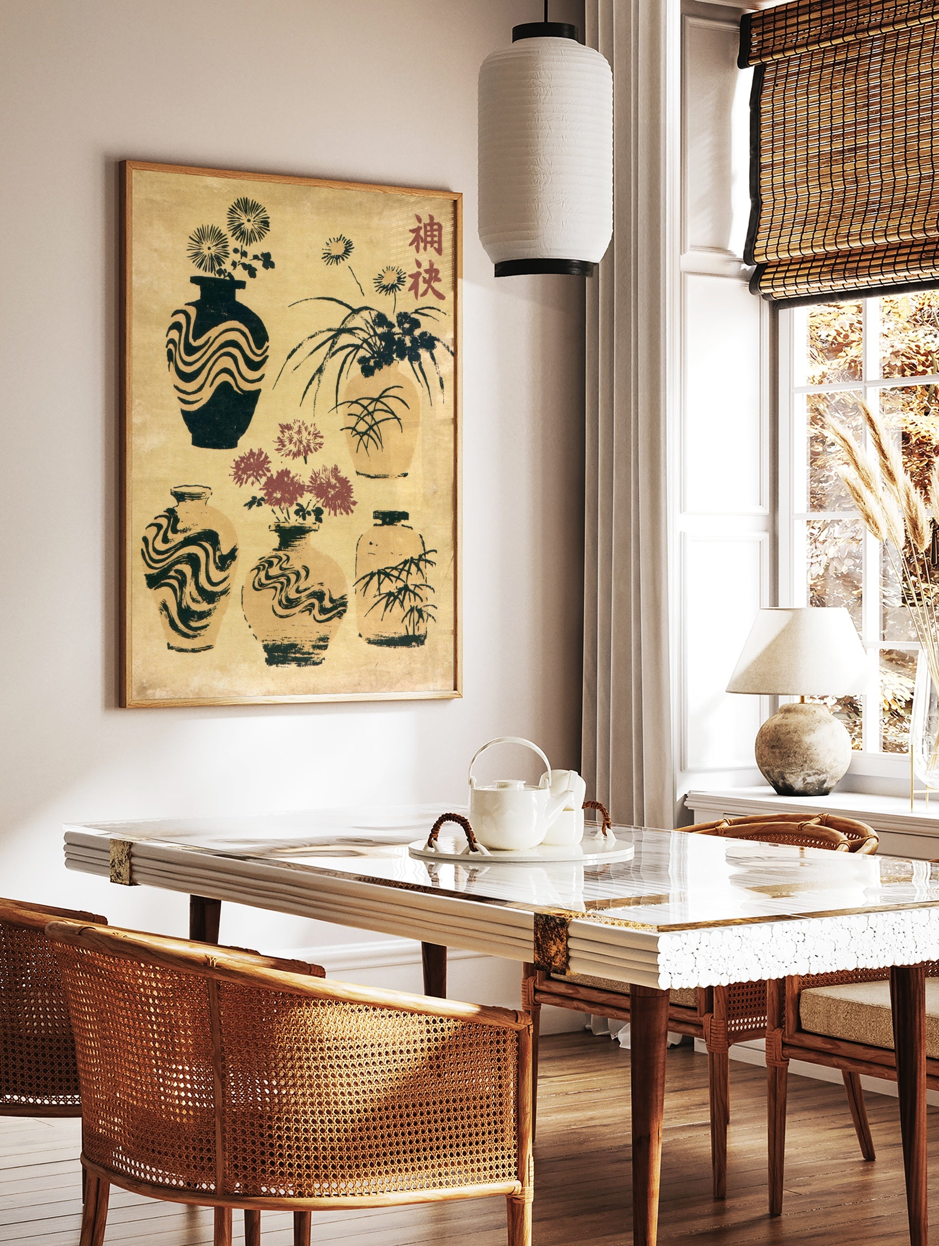 Japanese vase illustration art print with chrysanthemum flowers, bamboo, and kanji text on a, in a styled room mockup