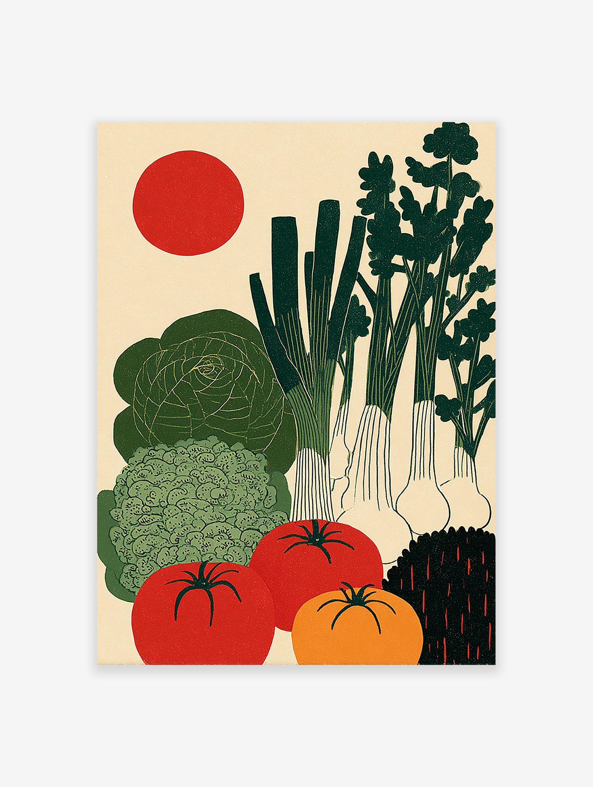 Japanese style vegetable poster featuring green cabbage, broccoli, spring onions, red tomatoes, and an orange tomato under a red sun.