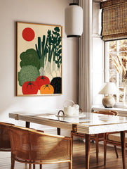 Japanese style vegetable poster featuring green cabbage, broccoli, spring onions, red tomatoes, and an orange tomato under a red sun. - Image 2