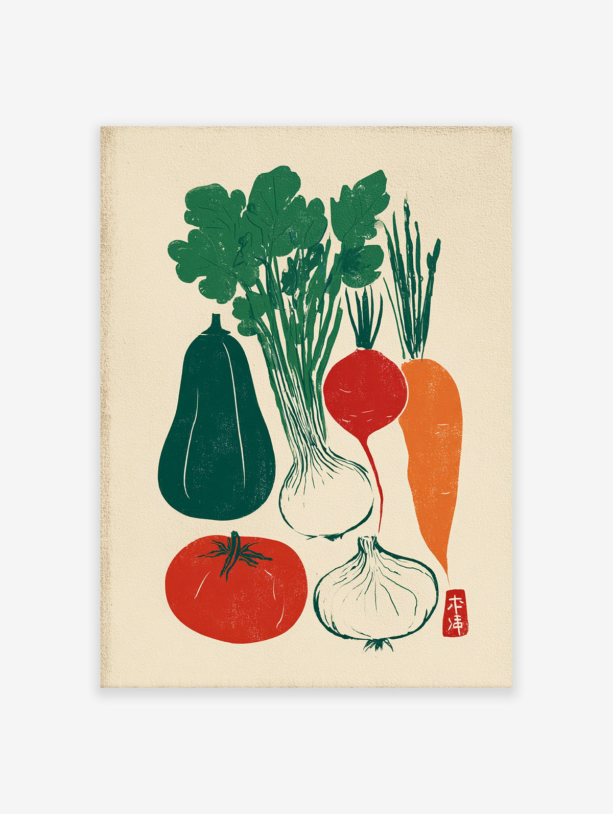 Japanese vegetable poster with a green gourd, leafy greens, white onions, red radish, orange carrot, and red tomato.