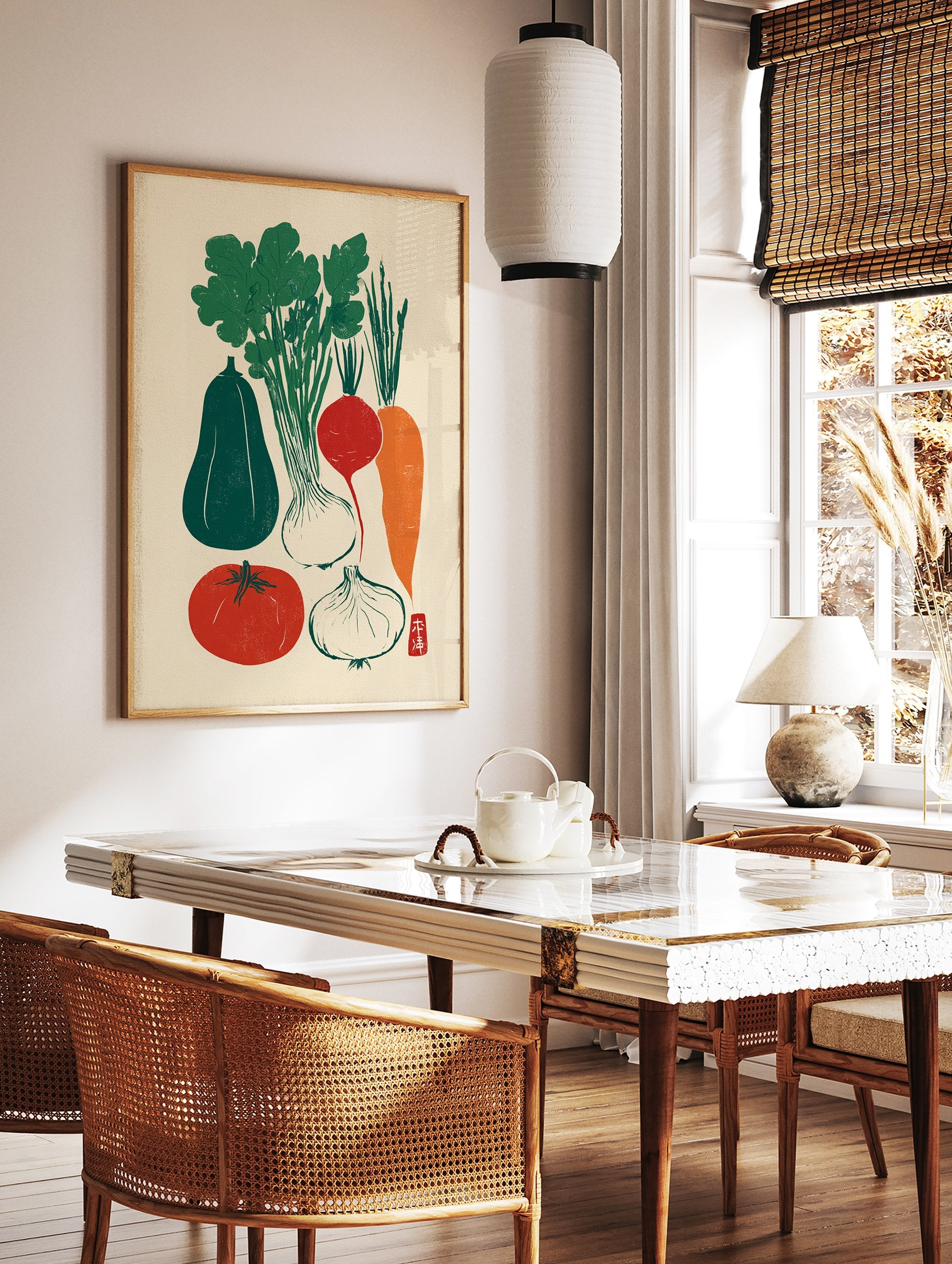 Japanese vegetable poster with a green gourd, leafy greens, white onions, red radish, orange carrot, and red tomato. - Image 2