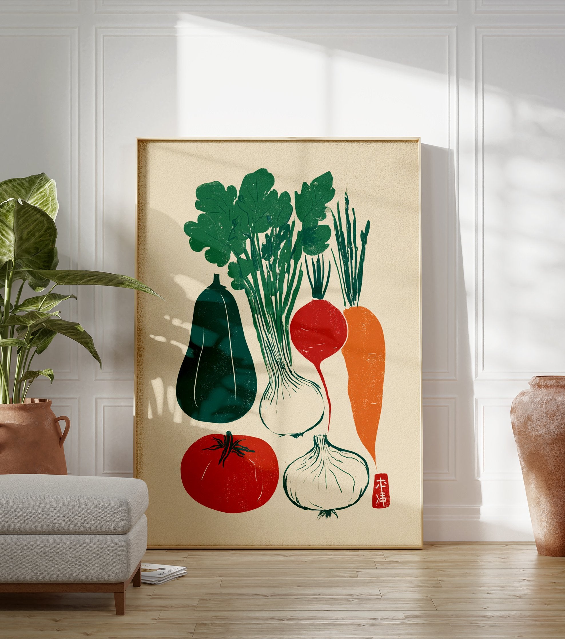 Japanese vegetable poster with a green gourd, leafy greens, white onions, red radish, orange carrot, and red tomato. - Image 3