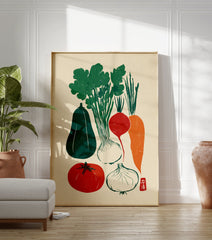 Japanese vegetable poster with a green gourd, leafy greens, white onions, red radish, orange carrot, and red tomato. - Image 3