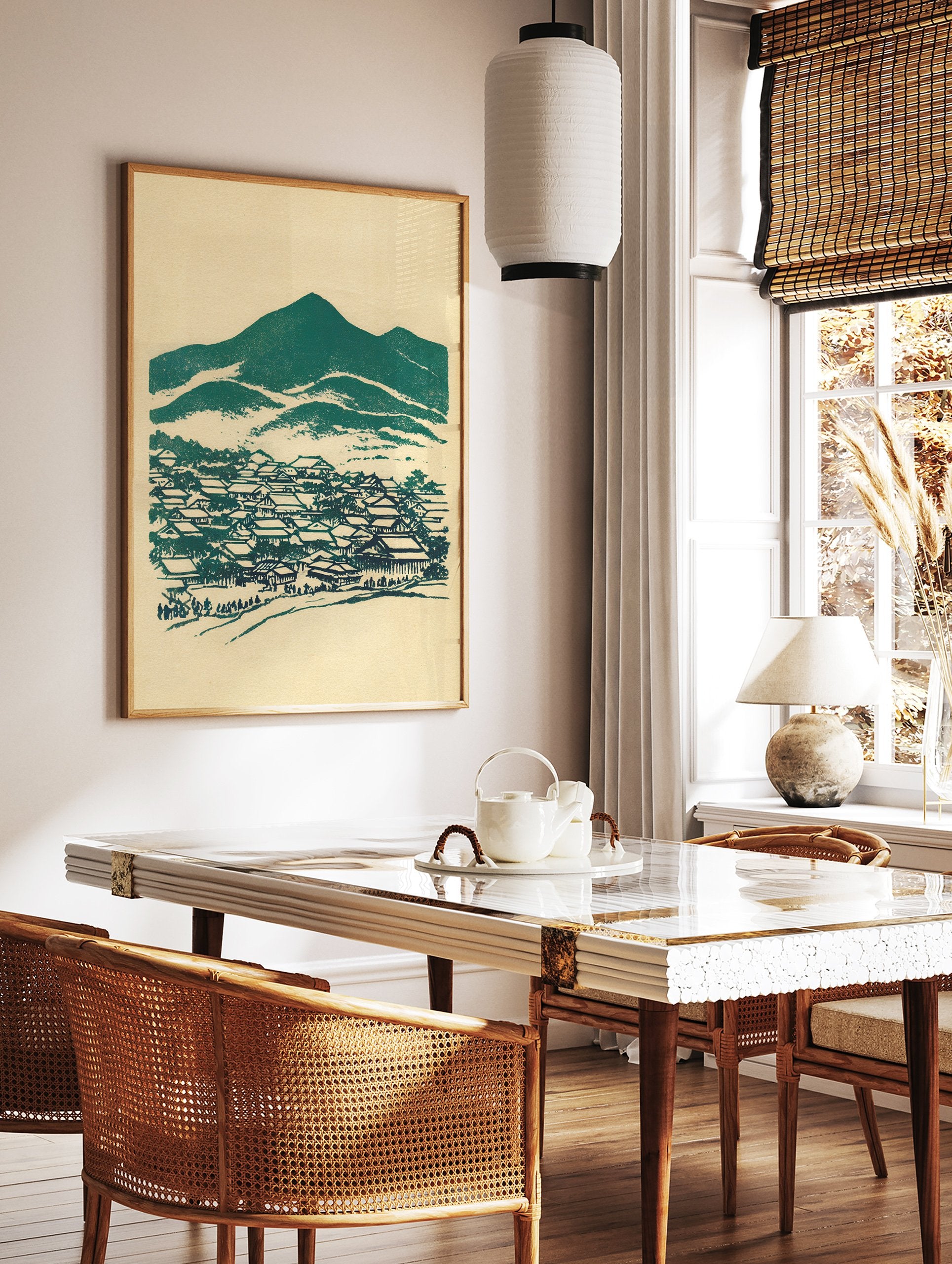 Japanese village and mountains art print in teal and beige, featuring traditional houses and small figures in a woodblock style. - Image 2