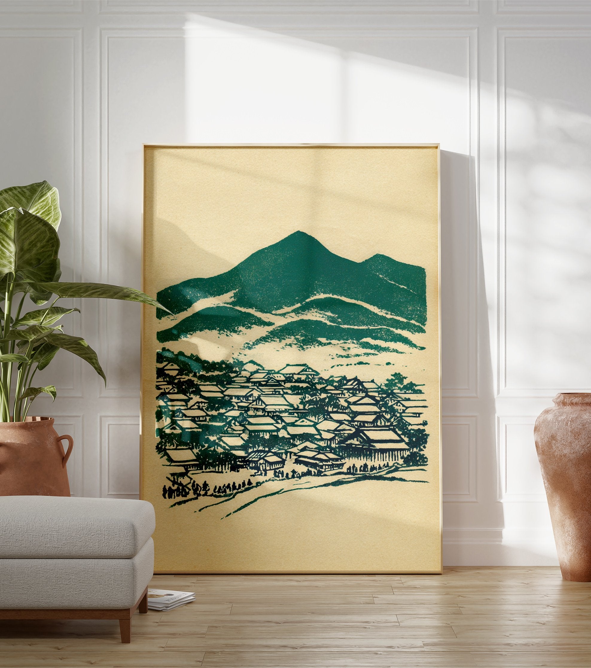 Japanese village and mountains art print in teal and beige, featuring traditional houses and small figures in a woodblock style. - Image 3