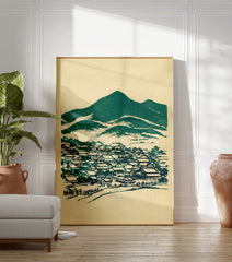 Japanese village and mountains art print in teal and beige, featuring traditional houses and small figures in a woodblock style. - Image 3