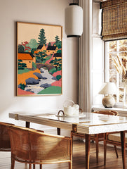 Illustrative Japanese village wall art showing houses, a river, stone bridge, and trees in a colorful landscape print. - Image 2