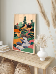 Illustrative Japanese village wall art showing houses, a river, stone bridge, and trees in a colorful landscape print. - Image 3