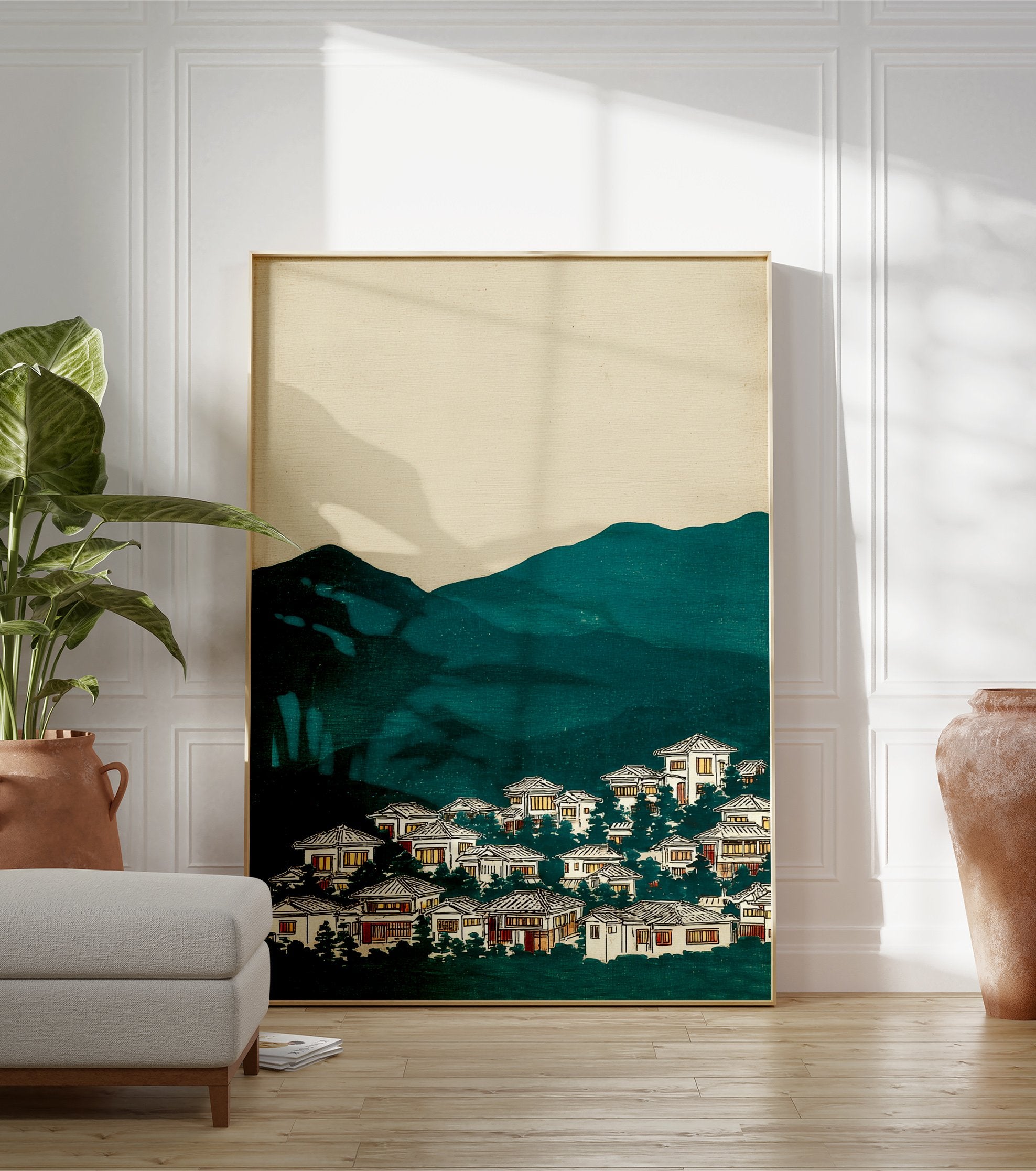 Ukiyo-e style Japanese village art print with glowing houses, dark teal mountains, and a light cream sky. - Image 3