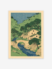 Japanese village scene art print with river, stone bridge, houses, green hills, and trees under a blue sky.
