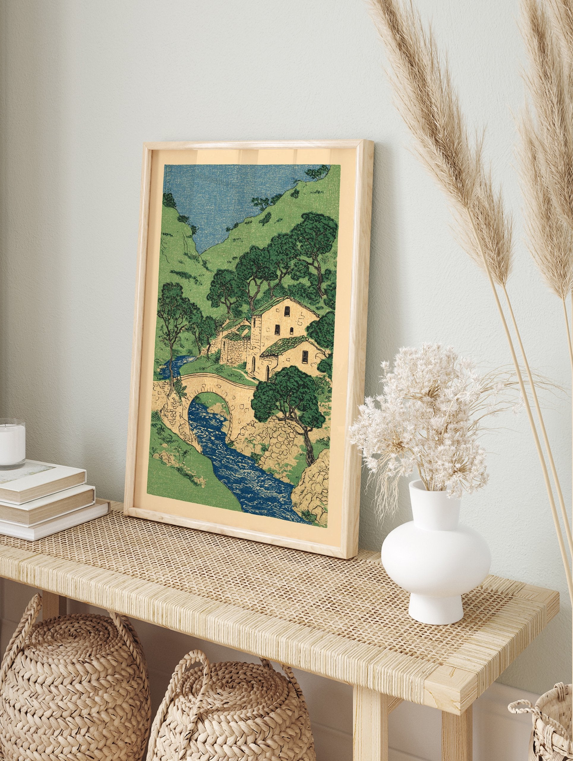 Japanese village scene art print with river, stone bridge, houses, green hills, and trees under a blue sky. - Image 3