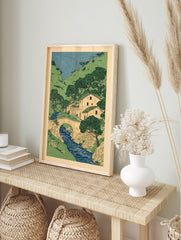 Japanese village scene art print with river, stone bridge, houses, green hills, and trees under a blue sky. - Image 3