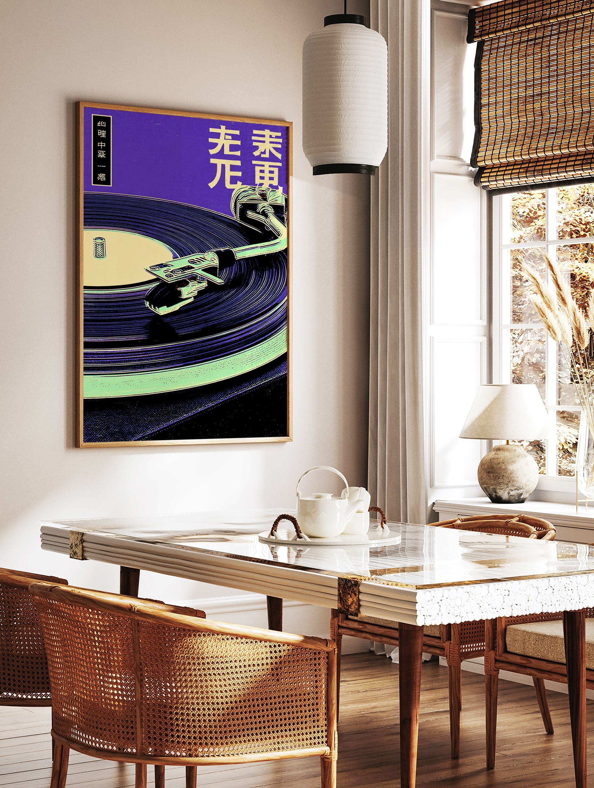 Japanese Vinyl Record Player Poster with a turntable and vinyl record in purple, yellow, and green retro illustration style. - Image 2