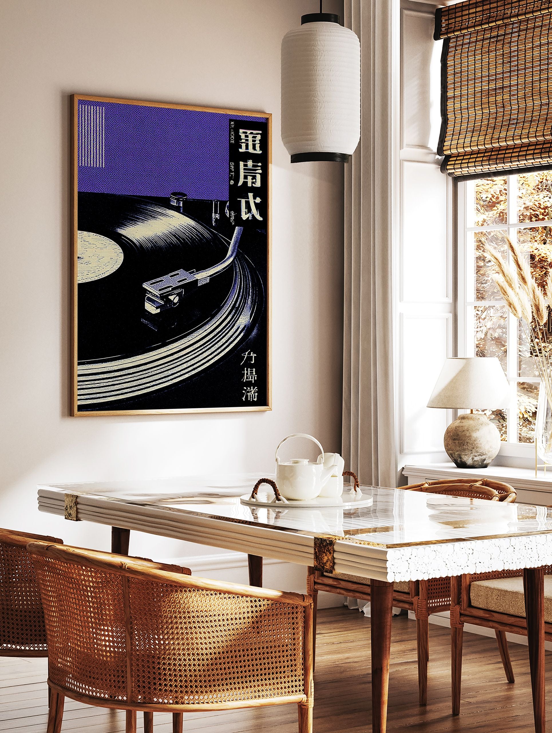 Japanese Vinyl Record poster showing a close-up of a turntable with a record and purple textured background. - Image 2