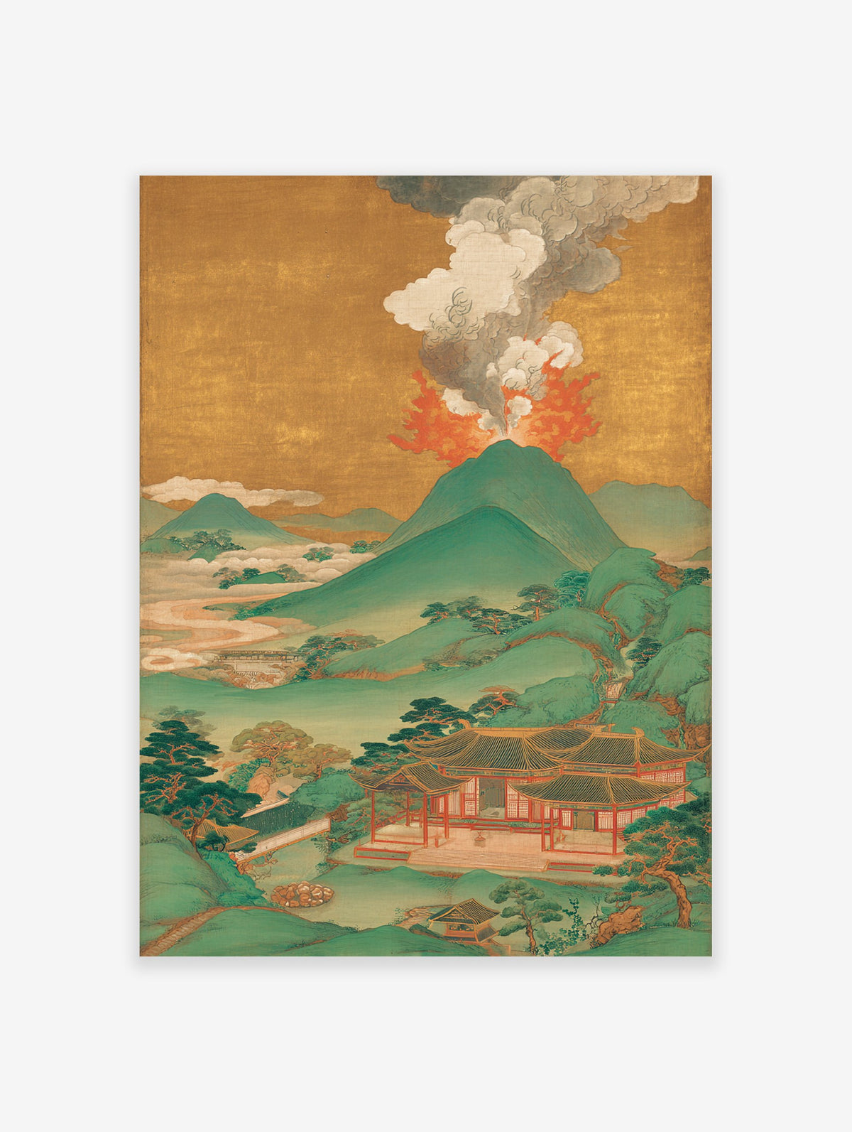 Japanese volcano eruption poster with green mountains, traditional buildings, and golden sky.