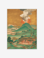 Japanese volcano eruption poster with green mountains, traditional buildings, and golden sky.