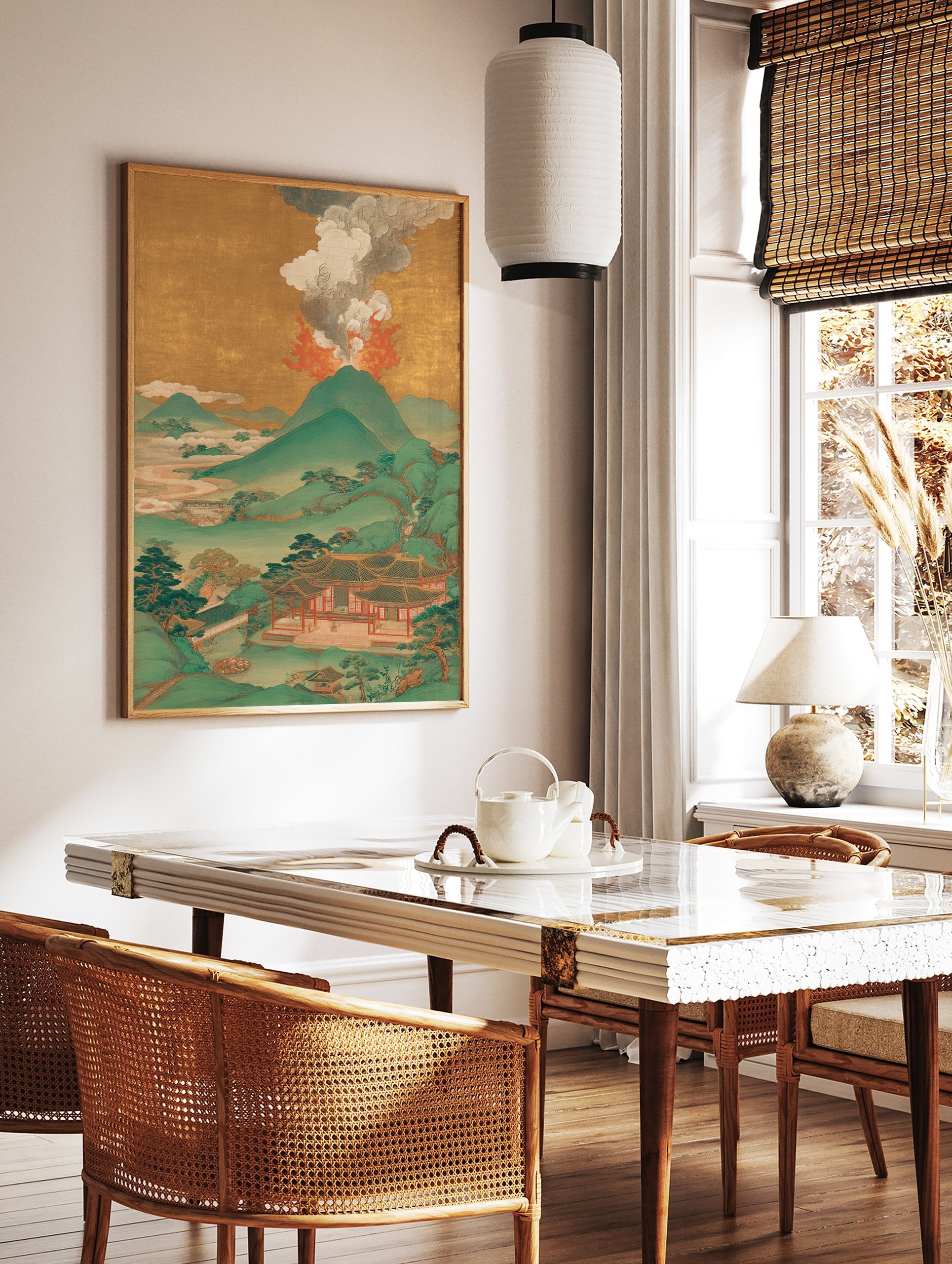 Japanese volcano eruption poster with green mountains, traditional buildings, and golden sky. - Image 2