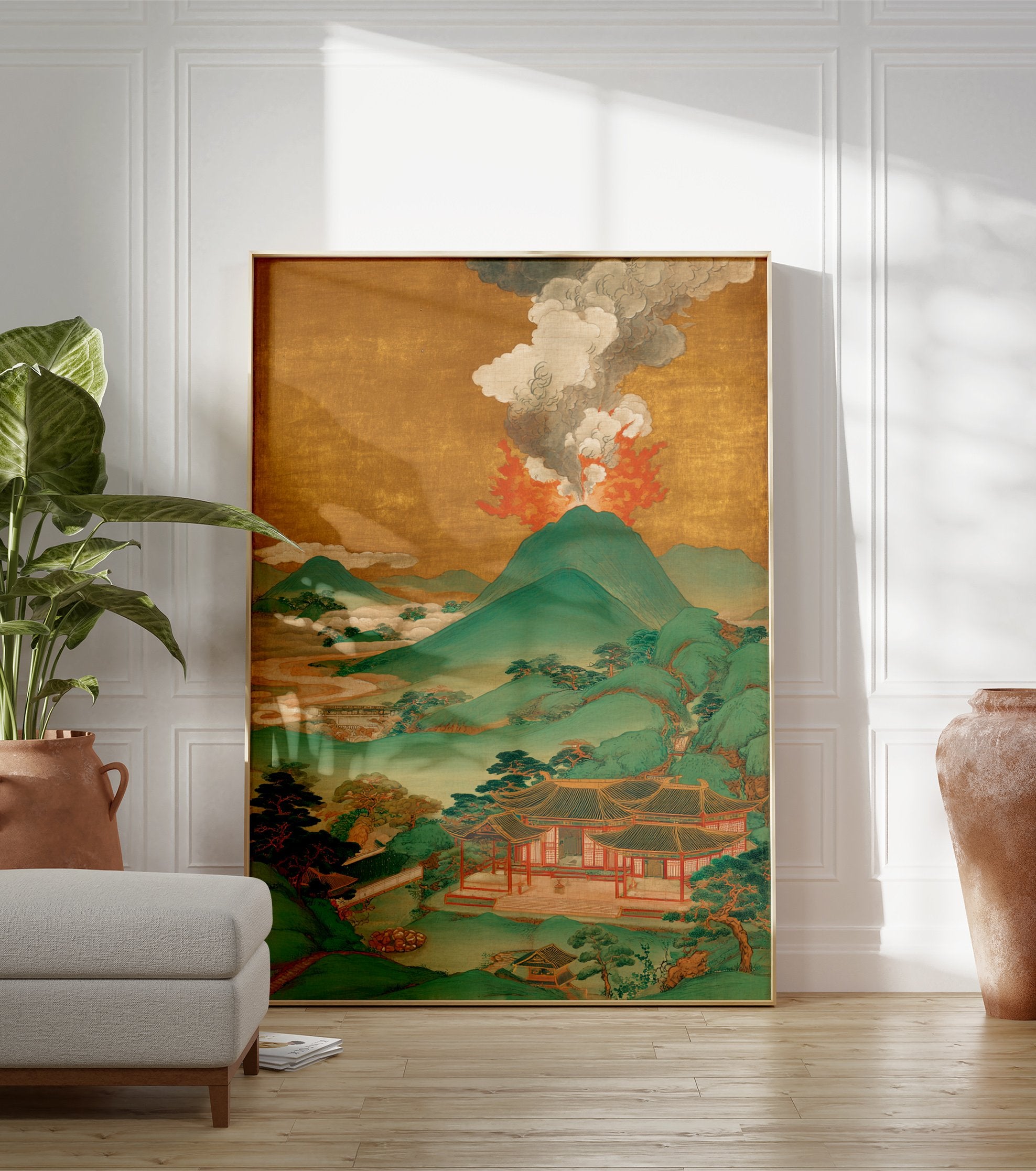 Japanese volcano eruption poster with green mountains, traditional buildings, and golden sky. - Image 3