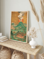 Japanese volcano eruption poster with green mountains, traditional buildings, and golden sky. - Image 4