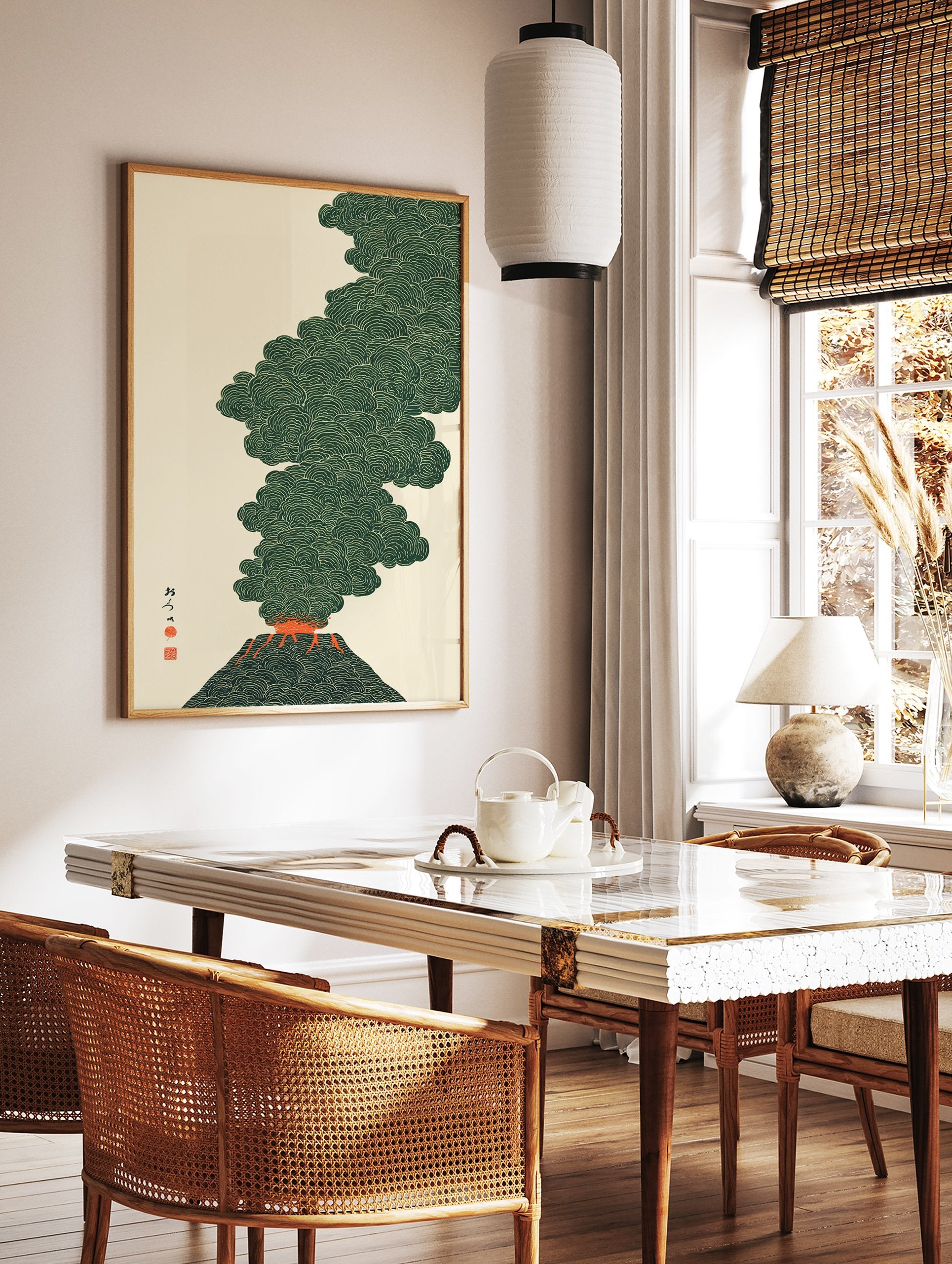 Japanese volcano eruption poster with deep green smoke and bright orange lava, featuring black Japanese characters on a cream background. - Image 2