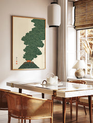 Japanese volcano eruption poster with deep green smoke and bright orange lava, featuring black Japanese characters on a cream background. - Image 2