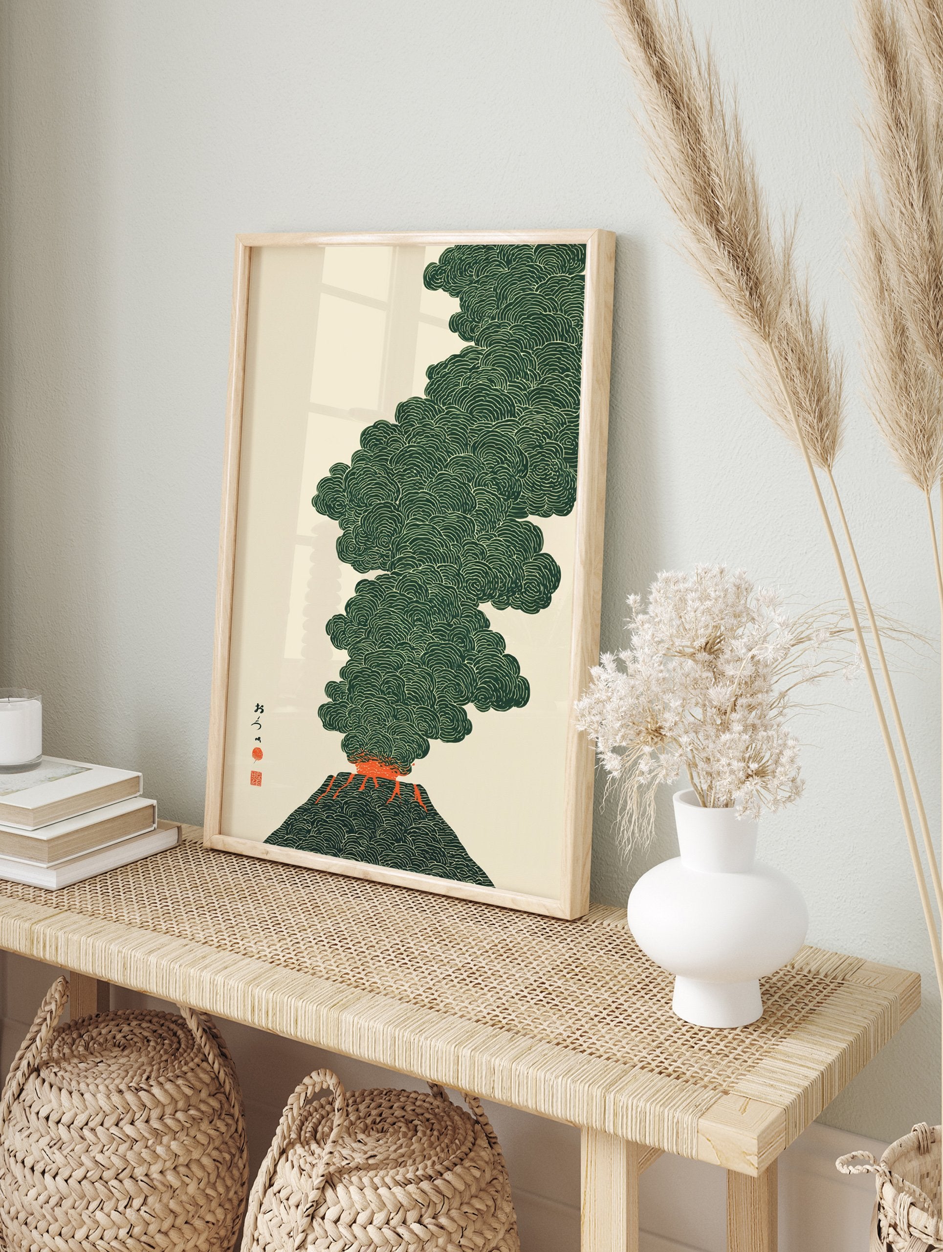 Japanese volcano eruption poster with deep green smoke and bright orange lava, featuring black Japanese characters on a cream background. - Image 4