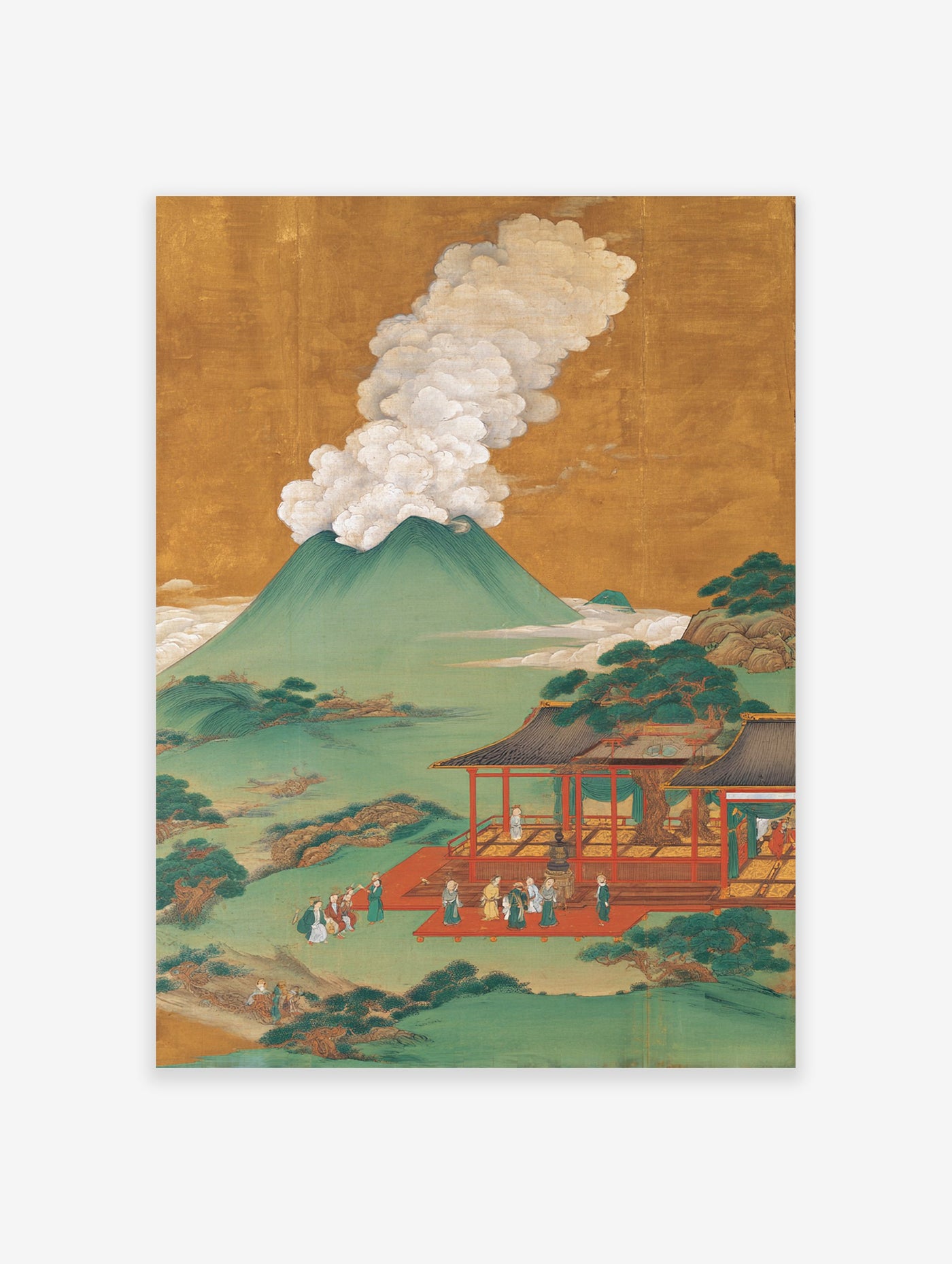 Traditional Japanese volcano temple poster depicting an erupting mountain, a red temple with people, and a lush green landscape.