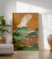 Traditional Japanese volcano temple poster depicting an erupting mountain, a red temple with people, and a lush green landscape. - Image 3