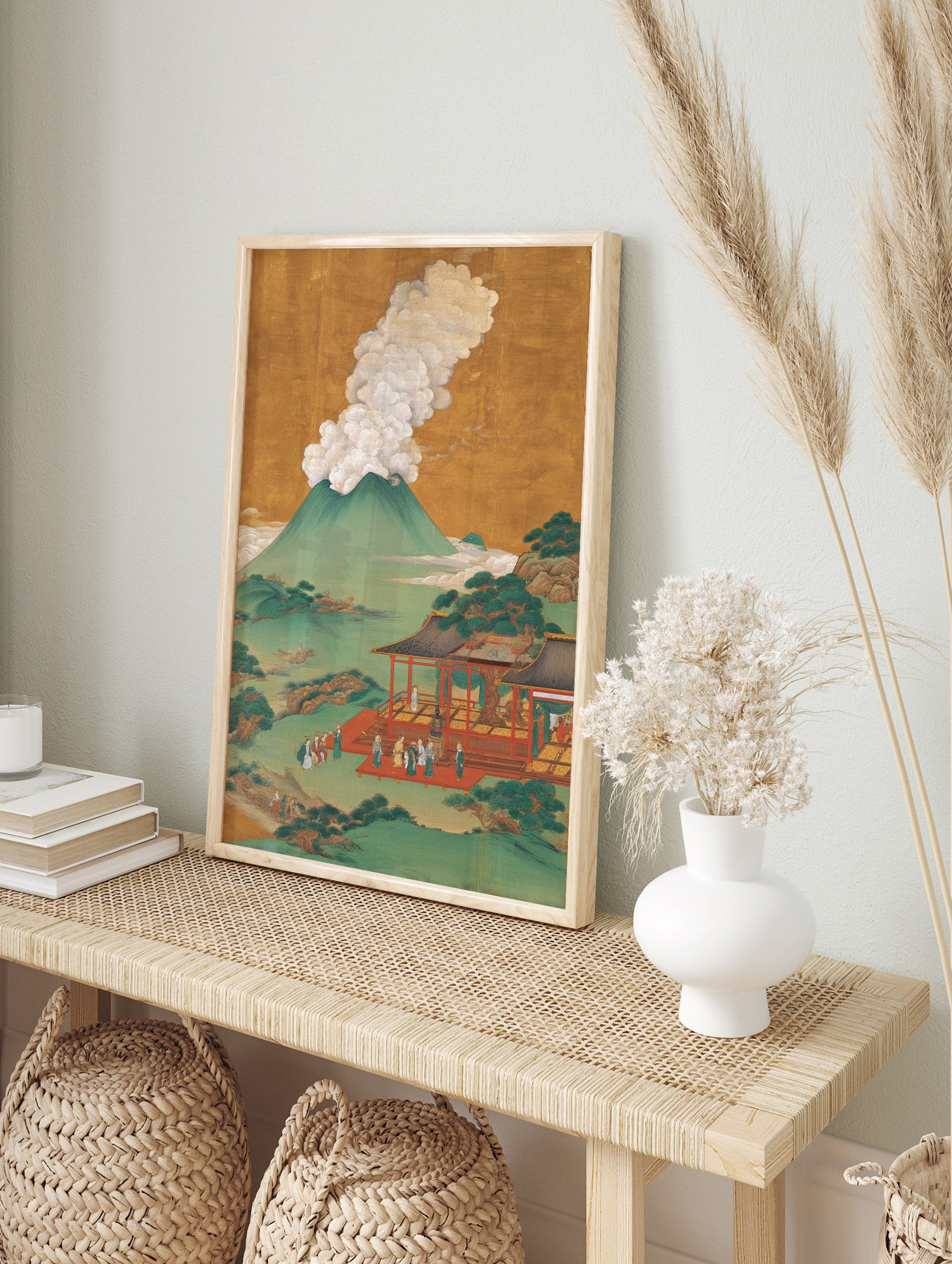 Traditional Japanese volcano temple poster depicting an erupting mountain, a red temple with people, and a lush green landscape. - Image 4