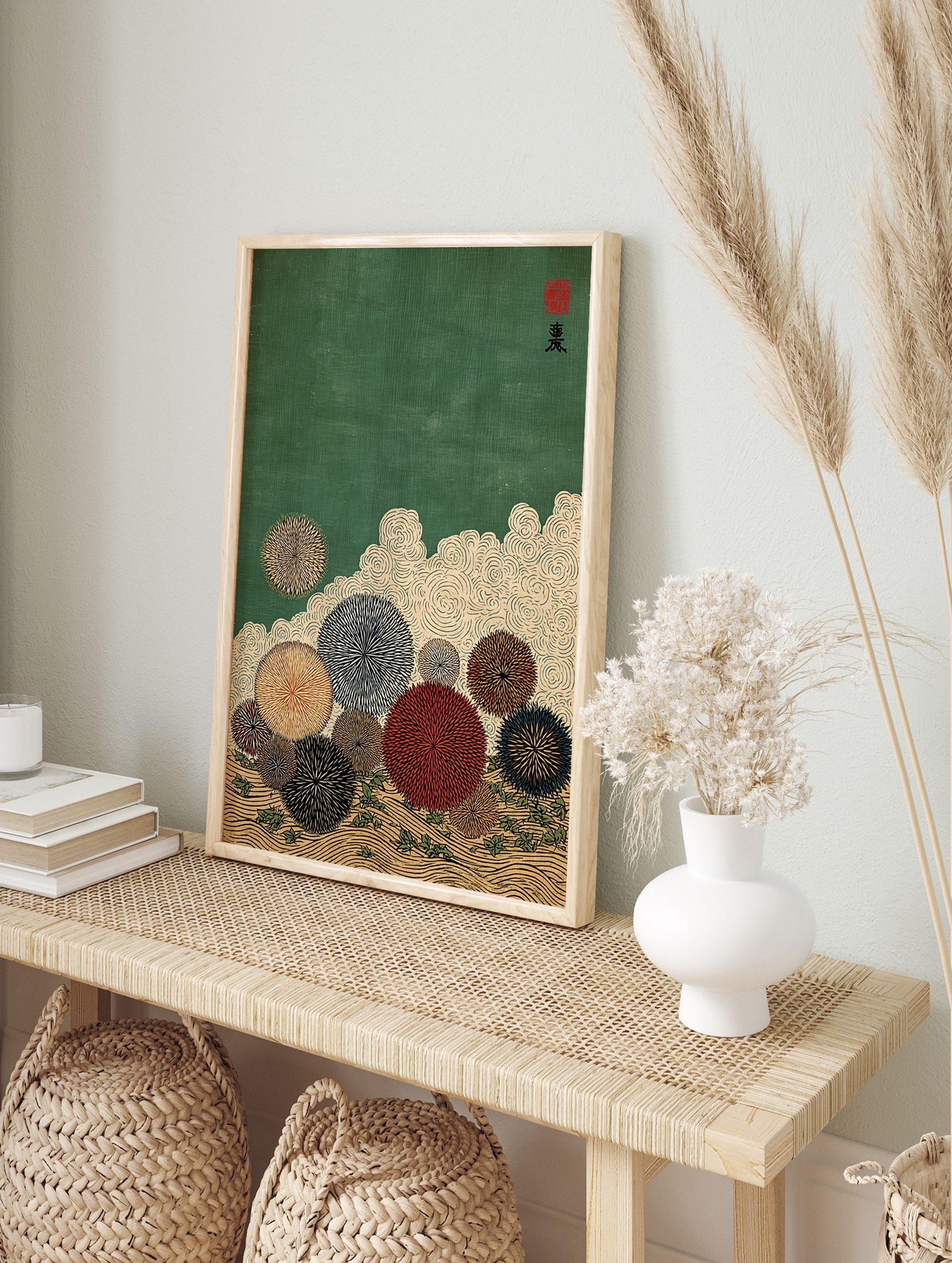 Japanese wall art print with abstract multi-colored spiky flowers, swirling clouds, green sky, and wavy ground. - Image 3
