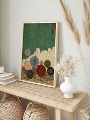 Japanese wall art print with abstract multi-colored spiky flowers, swirling clouds, green sky, and wavy ground. - Image 3