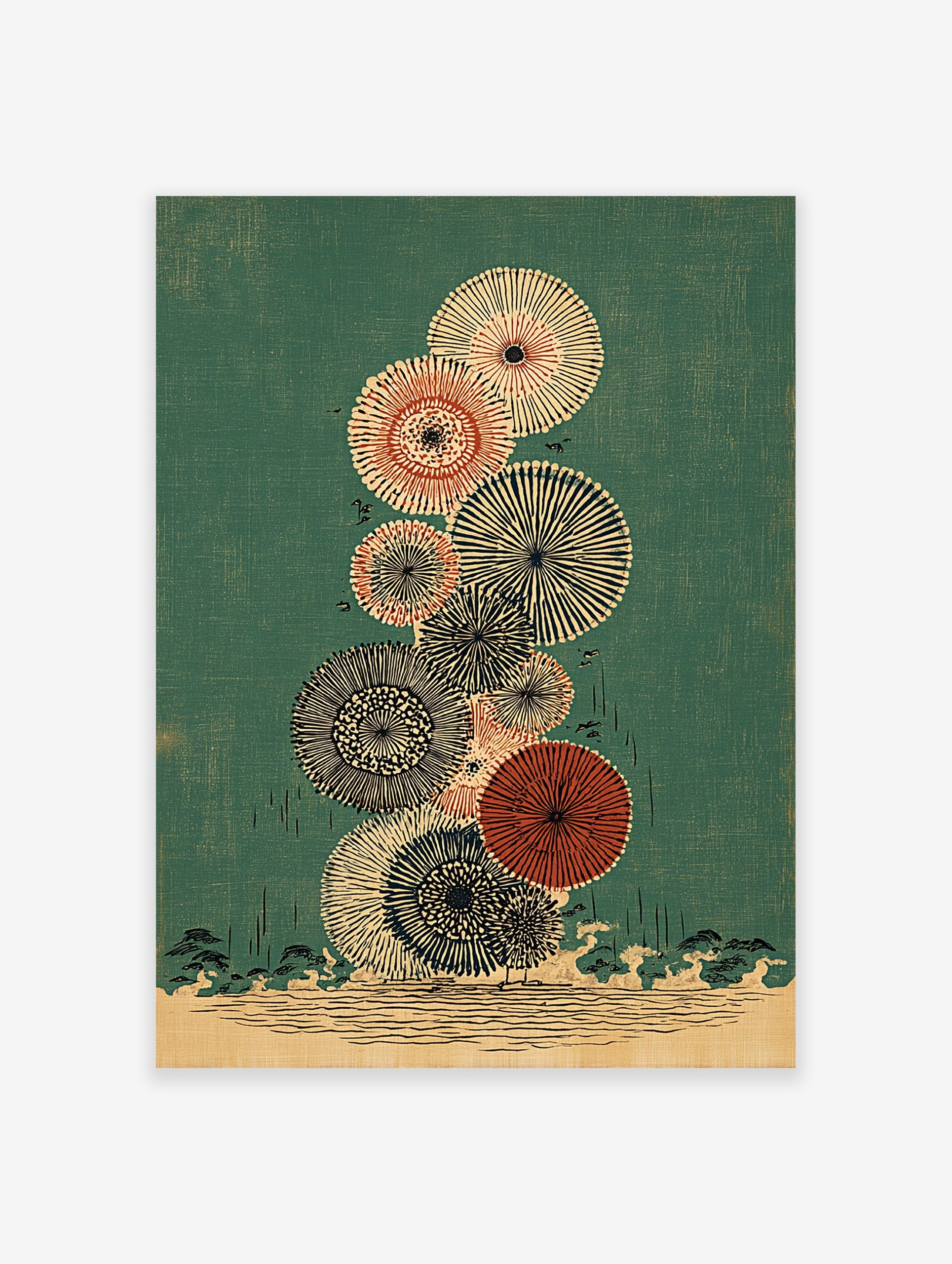 Japanese wall art print with stacked abstract circular botanical forms in off-white, black, and red on a teal green background.