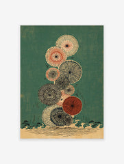 Japanese wall art print with stacked abstract circular botanical forms in off-white, black, and red on a teal green background.