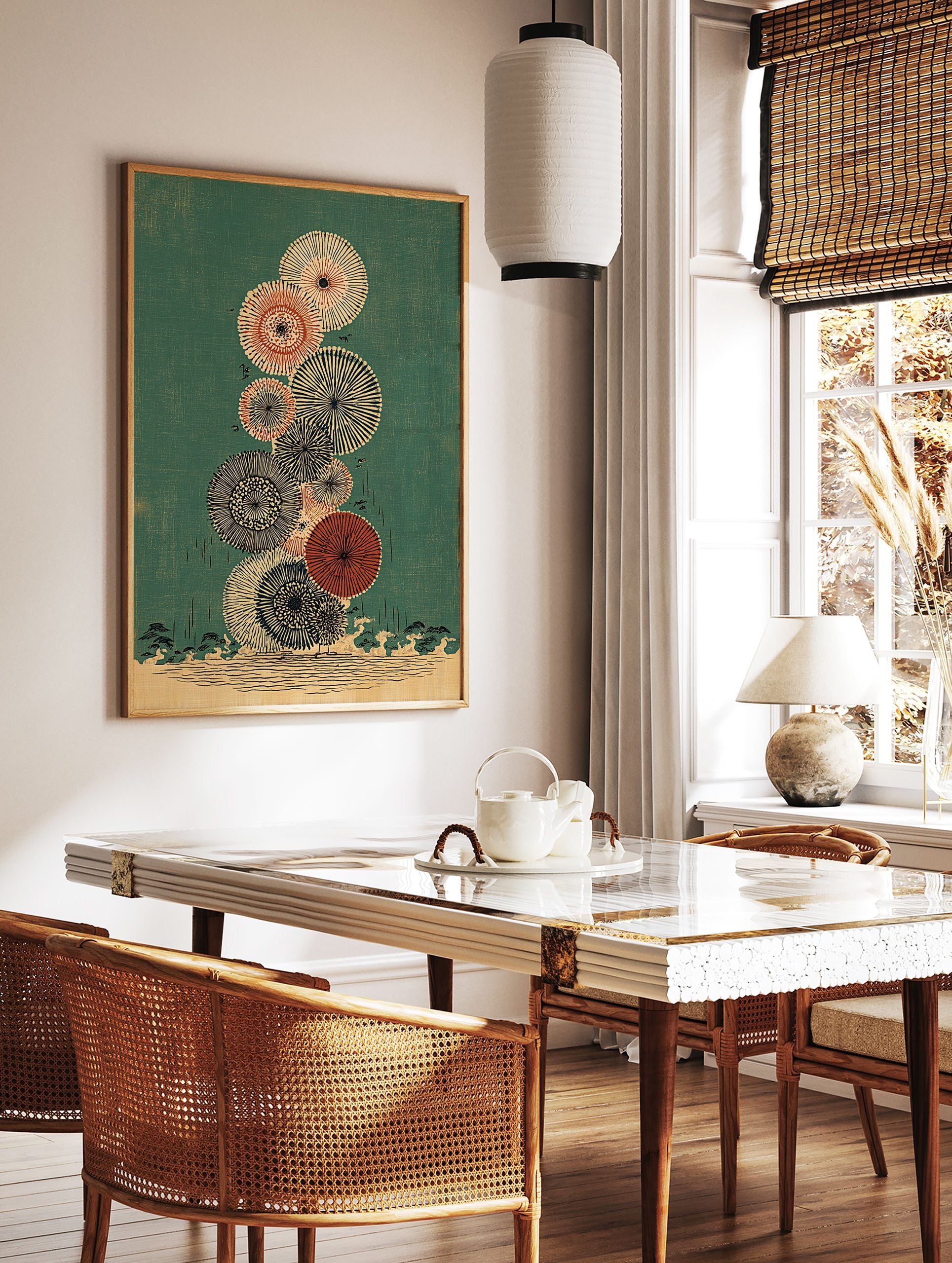 Japanese wall art print with stacked abstract circular botanical forms in off-white, black, and red on a teal green background. - Image 2