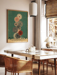 Japanese wall art print with stacked abstract circular botanical forms in off-white, black, and red on a teal green background. - Image 2