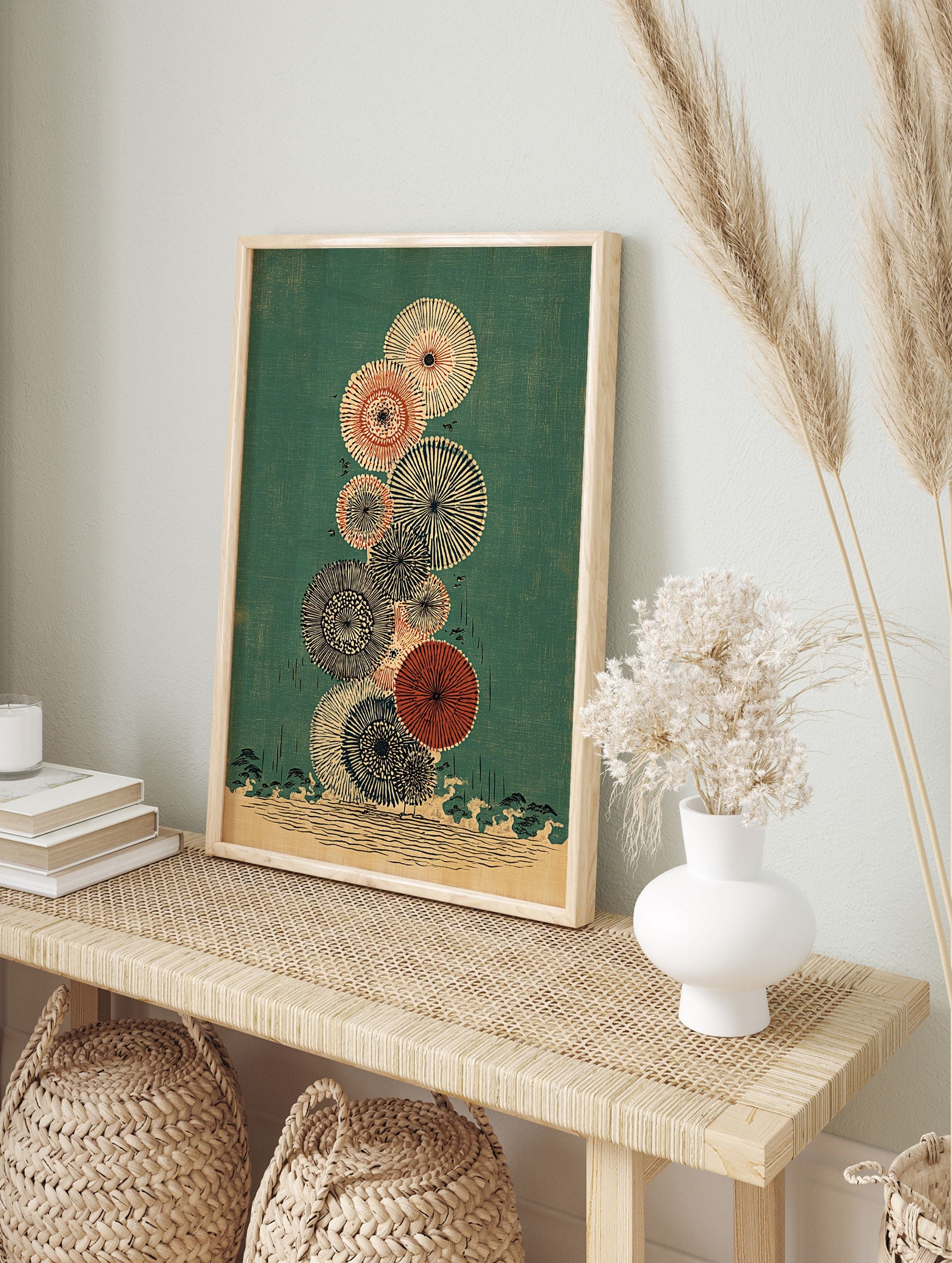 Japanese wall art print with stacked abstract circular botanical forms in off-white, black, and red on a teal green background. - Image 3