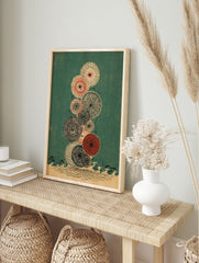Japanese wall art print with stacked abstract circular botanical forms in off-white, black, and red on a teal green background. - Image 3