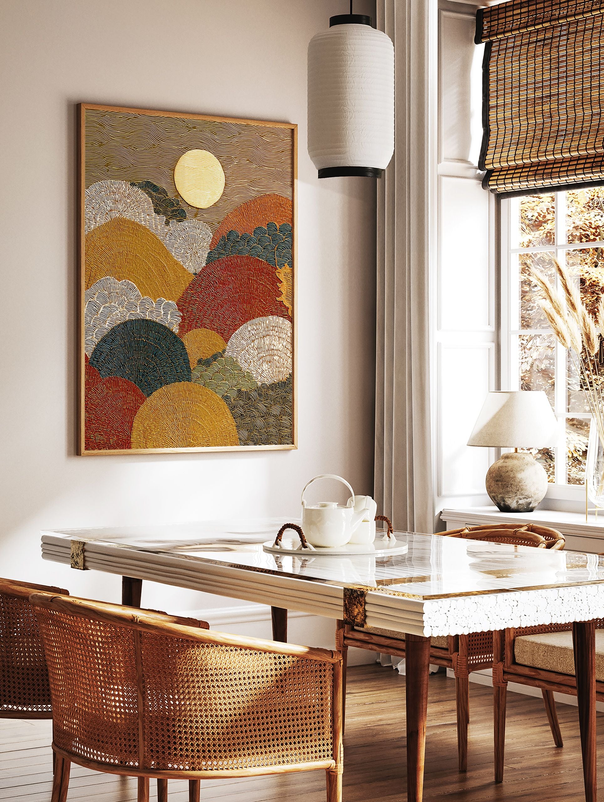 Abstract Japanese wall art featuring a textured golden sun, stylized mountains in red, gold, blue, and white, with wavy patterns. - Image 2