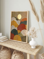 Abstract Japanese wall art featuring a textured golden sun, stylized mountains in red, gold, blue, and white, with wavy patterns. - Image 3