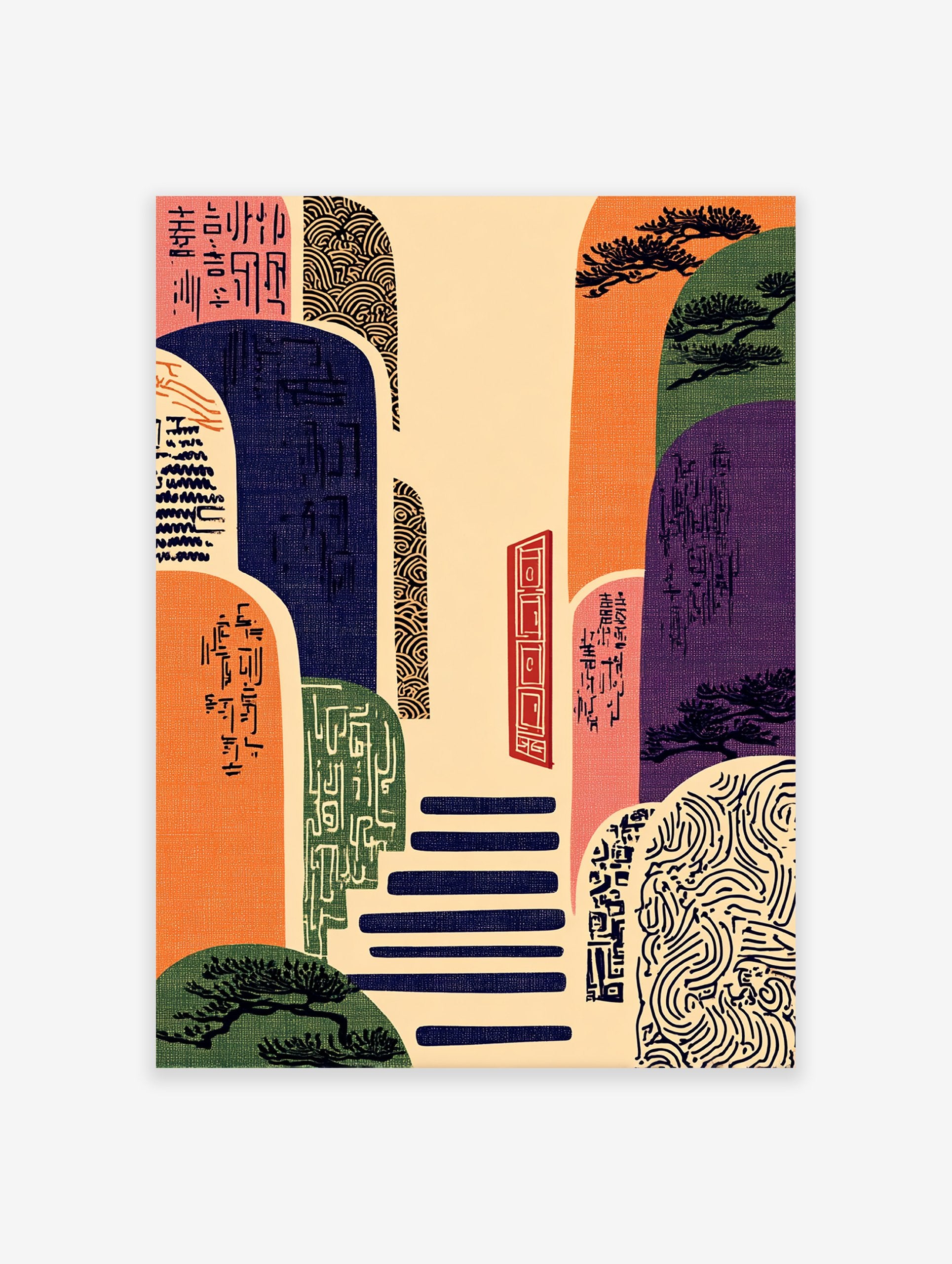 Japanese Wall Art print of an abstract landscape with colorful hills, steps, a red door, pine trees, and traditional patterns.