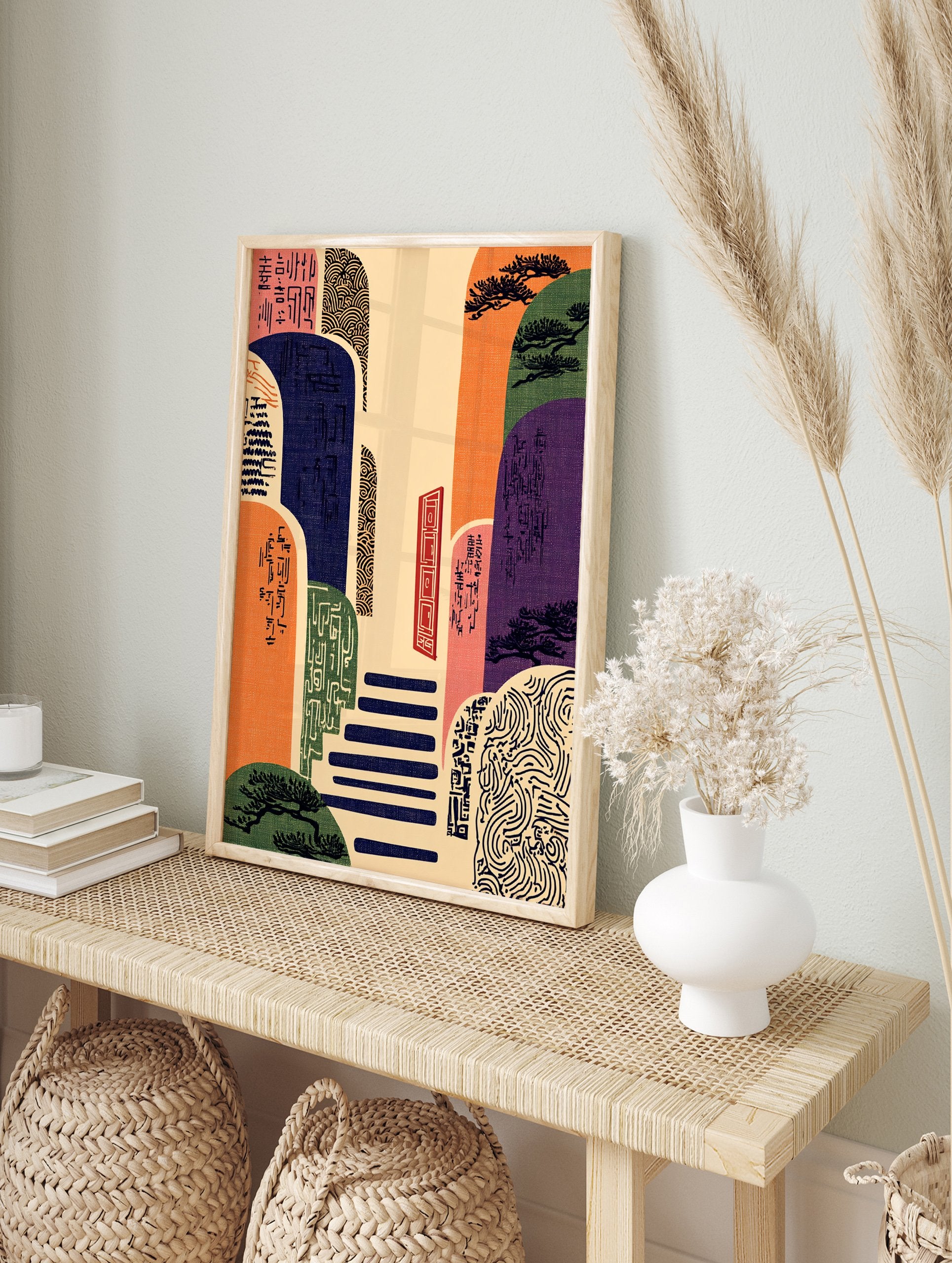Japanese Wall Art print of an abstract landscape with colorful hills, steps, a red door, pine trees, and traditional patterns. - Image 3