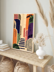 Japanese Wall Art print of an abstract landscape with colorful hills, steps, a red door, pine trees, and traditional patterns. - Image 3