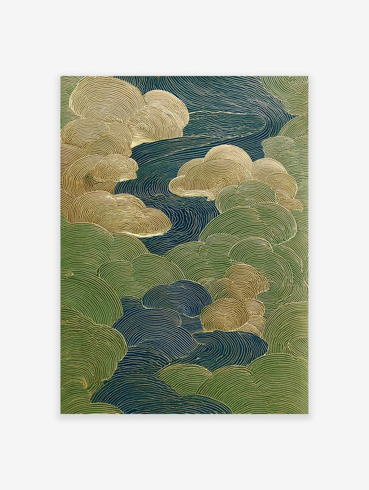 Abstract Japanese wall art print with stylized blue and green waves and golden concentric lines