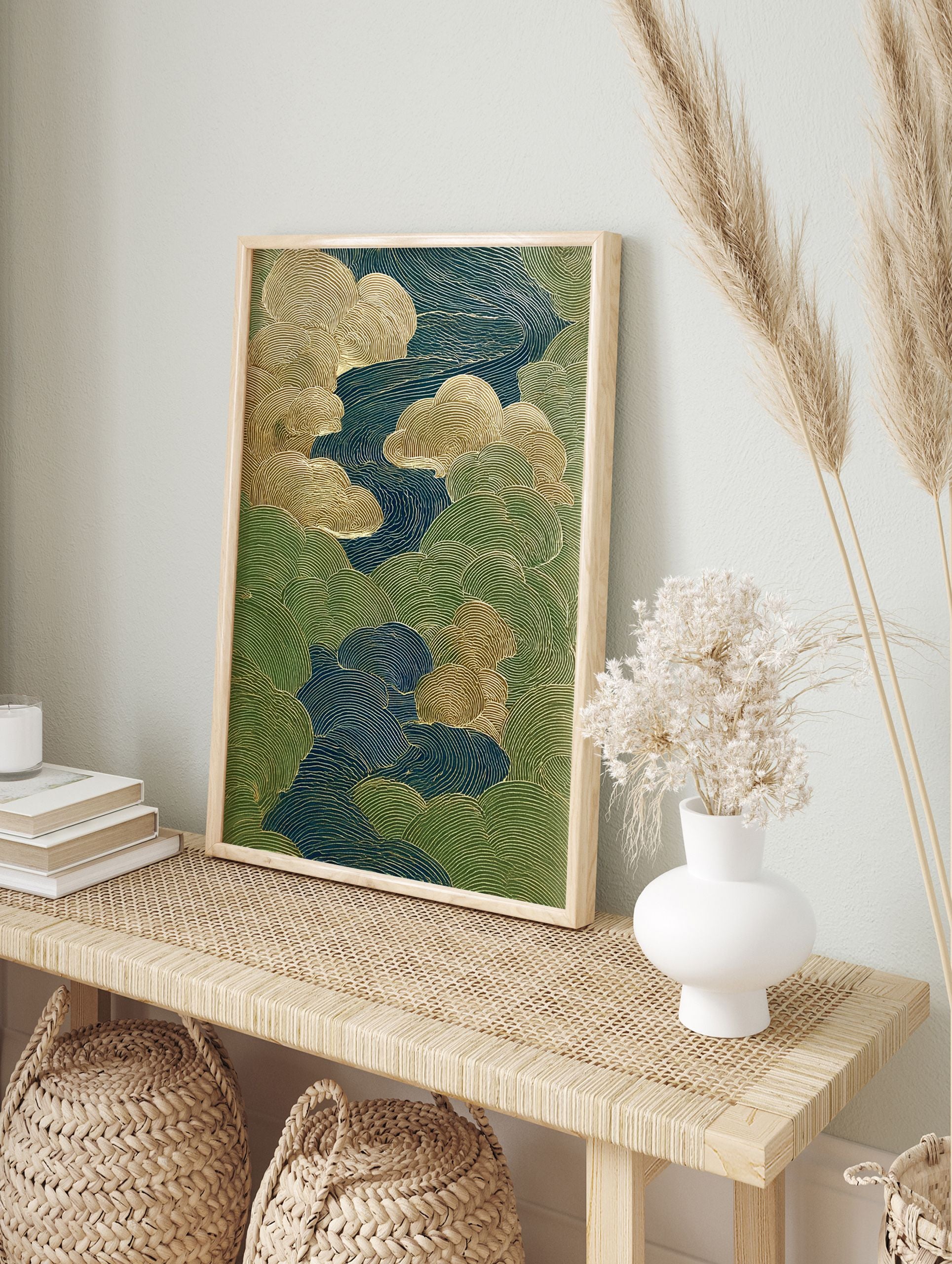 Abstract Japanese wall art print with stylized blue and green waves and golden concentric lines - Image 3